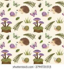 Watercolor seamless pattern with hedgehogs, insects, mushrooms, snails and forest plants. Summer woodland background