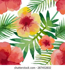 Watercolor seamless pattern with hibiscus flowers and exotic leaves on white background, vector illustration.