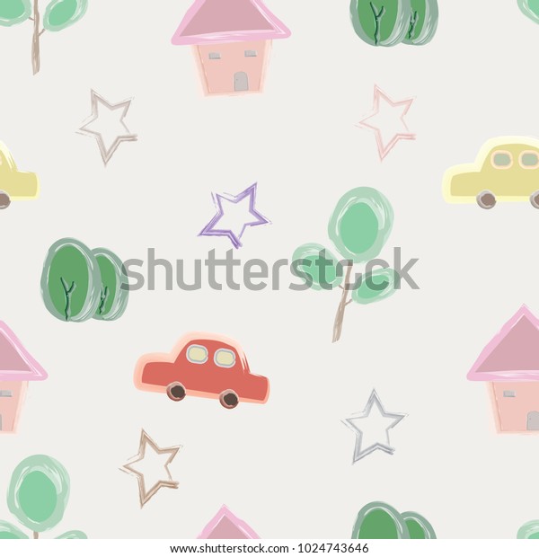 Watercolor seamless pattern with house, \
trees, stars and cars. Vector\
illustration.