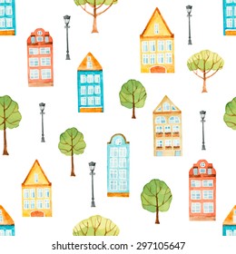 Watercolor seamless pattern, houses, trees, lights, city street.  Vector illustration.