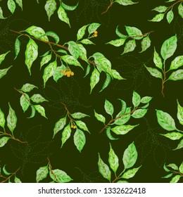 Watercolor seamless pattern. The idea of cover, invitation, booklet, printing. Botanical background, laurel, ficus, tea. Green spring leaves.