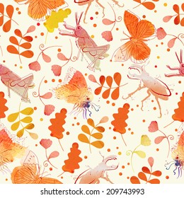Watercolor seamless pattern with insects. Bees and butterflies with flowers. Vintage style.