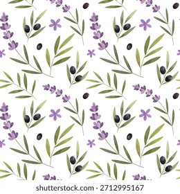 Padrão sem emenda aquarela com ramos de lavanda e azeitona. Ervas puxadas à mão. Desenho natural