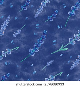 Watercolor seamless pattern with lavender, violet-blue, vector, for wrapping paper, fabrics, paper bags