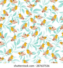 watercolor seamless pattern with leafs and drawing bird robin