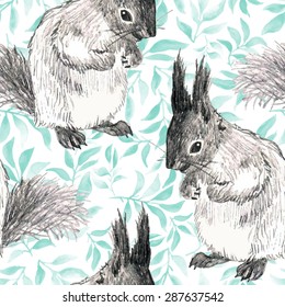 watercolor seamless pattern with leafs and drawing squirrel