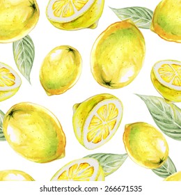 Watercolor seamless pattern of lemon fruit. Vector illustration of citrus fruits. Eco food illustration