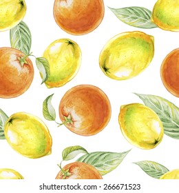 Watercolor seamless pattern of lemon and orange fruits. Vector illustration of citrus fruits. Eco food illustration