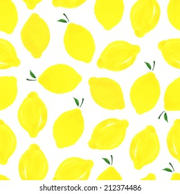 Watercolor seamless pattern with lemons on the white background. Vector illustration. Hand drawn background.