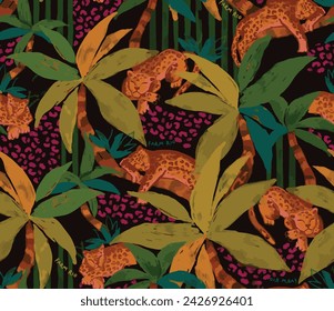 Watercolor seamless pattern with leopard in rainforest. Jungle palms, leaves. Tropical background. Exotic animalistic seamless pattern. Fashion style summer print.