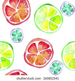 watercolor seamless pattern with limes and lemon and grapefruit slices