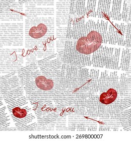 Watercolor seamless  pattern with lips and arrows on newspaper background. Vector illustration in eps10 format.