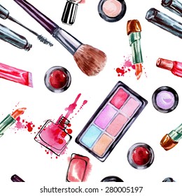 Watercolor seamless pattern with  make up artist objects: lipstick, eye shadows, brushes, nail polish. Vector illustration.