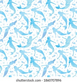 watercolor seamless pattern with mermaids, underwater world, vector illustration