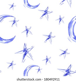 Watercolor seamless pattern with moon and star. Vector.