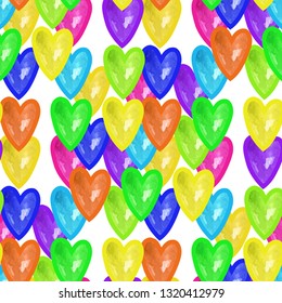 Watercolor seamless pattern with multicolor heart on white background. Love watercolor seamless background with heart.