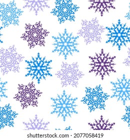 Watercolor seamless pattern multicolored snowflakes. Winter illustration for festive decor. Holiday endless texture for wrapping paper, textile, fabric design.