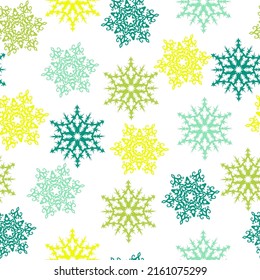 Watercolor seamless pattern multicolored snowflakes. Winter illustration for festive decor. Drawn by hand.