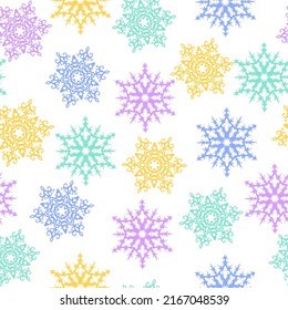 Watercolor seamless pattern multicolored snowflakes. Winter illustration for festive decor. Holiday endless texture for wrapping paper, textile, fabric design.