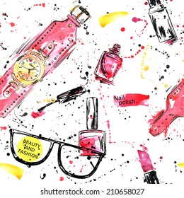 Watercolor seamless pattern with nail polish, lipstick and wristwatches. Fashion illustration. Vector.