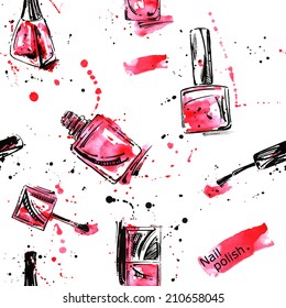 Watercolor seamless pattern with nail polish. Fashion illustration. Vector.