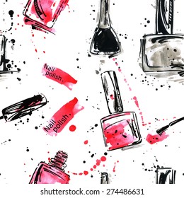 Watercolor seamless pattern with nail polish. Fashion illustration. Vector.