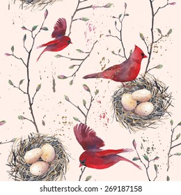 Watercolor seamless pattern with nest, birds and tree twigs. Vector hand drawn spring background. Vintage wallpaper with red birds, splashes and eggs