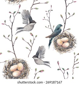 Watercolor seamless pattern with nest, birds and tree twigs. Vector hand drawn spring background. Vintage wallpaper with swallow and eggs