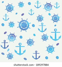 Watercolor seamless pattern. Oceanic theme with anchors and helms.  Pattern for fabric