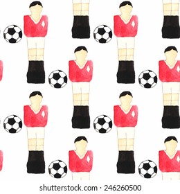 Watercolor seamless pattern with oldfashioned foosball players and ball on the white background. Vector illustration. Hand-drawn decorative element useful for invitations, scrapbooking, design. 