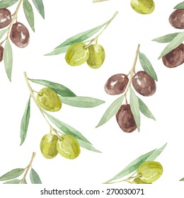 Watercolor seamless  pattern with olive branches.