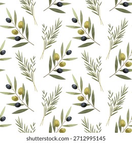 Padrão de aquarela sem emenda com ramos de azeitona. Ervas puxadas à mão. Design natural para a decoração mediterrânea.
