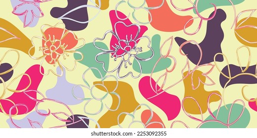 watercolor seamless pattern on blob shape background. Abstract hand drawn doodle print. Trendy cartoon style. Fashionable template for design. 