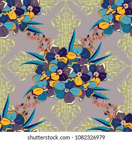 Watercolor seamless pattern on striped background. Vector floral print in blue and gray colors. Cute primula flowers pattern,
