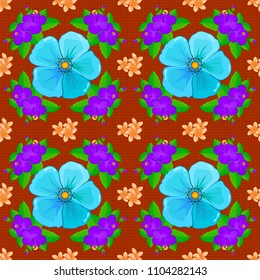 Watercolor seamless pattern on striped background. Vector floral print in blue, orange and brown colors. Cute cosmos flowers pattern.