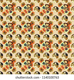 Watercolor seamless pattern on striped background. Vector floral print in beige, brown and orange colors.