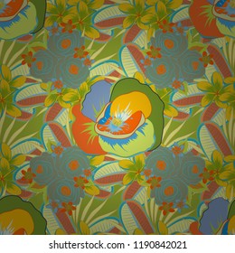 Watercolor seamless pattern on striped background. Vector floral print in orange, yellow and green colors. Cute poppy flowers pattern.