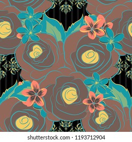 Watercolor seamless pattern on striped background. Vector floral print in brown, beige and blue colors. Cute rose flowers and green leaves pattern.