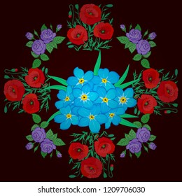Watercolor seamless pattern on striped background. Vector floral print in green, red and brown colors. Cute forget-me-not flowers pattern.