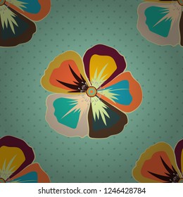Watercolor seamless pattern on striped background. Vector floral print in blue, beige and orange colors. Cute cosmos flowers pattern,