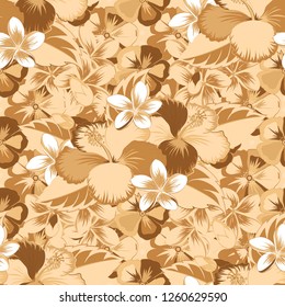 Watercolor seamless pattern on striped background. Vector floral print in beige, orange and brown colors. Cute hibiscus flowers pattern,