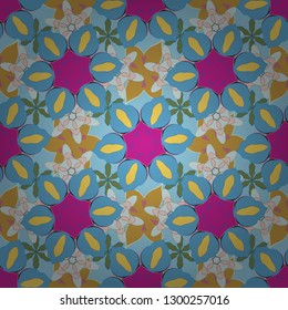 Watercolor seamless pattern on striped background. Vector floral print in magenta, blue and yellow colors.