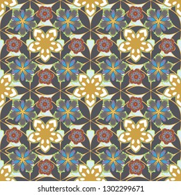 Watercolor seamless pattern on striped background. Vector floral print in yellow, gray and green colors.