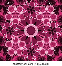 Watercolor seamless pattern on striped background. Vector floral print in pink and purple colors.