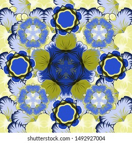 Watercolor seamless pattern on striped background. Vector floral print in blue, black and yellow colors.