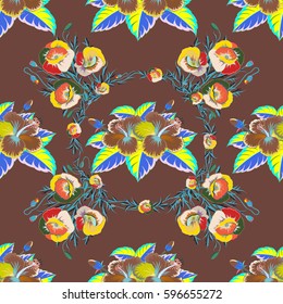 Watercolor seamless pattern on striped background. Vector floral print on a brown background.