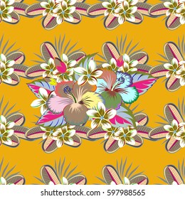 Watercolor seamless pattern on striped background. Vector floral print on a yellow background.