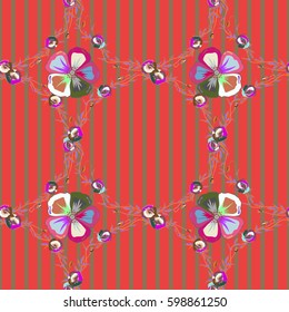 Watercolor seamless pattern on striped background. Vector floral print on a pink background.