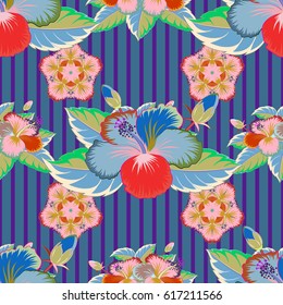 Watercolor seamless pattern on striped background. Vector floral print on a blue background.