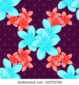 Watercolor seamless pattern on striped background. Vector floral print on a purple background. Cute plumeria flowers pattern,